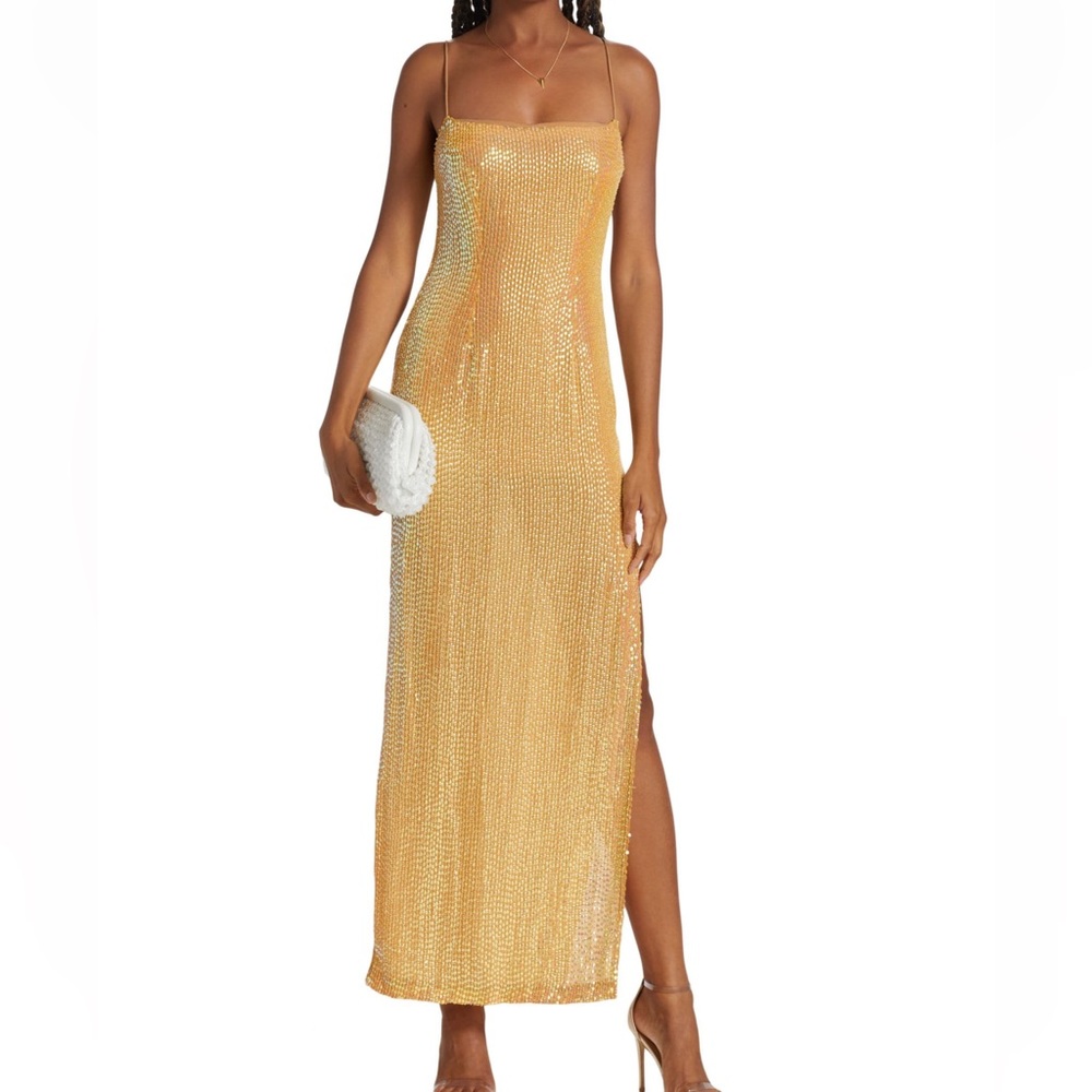 Saks Zeynep Arcay Sequin Evening Midi-Dress Flesshy Ochre Gown